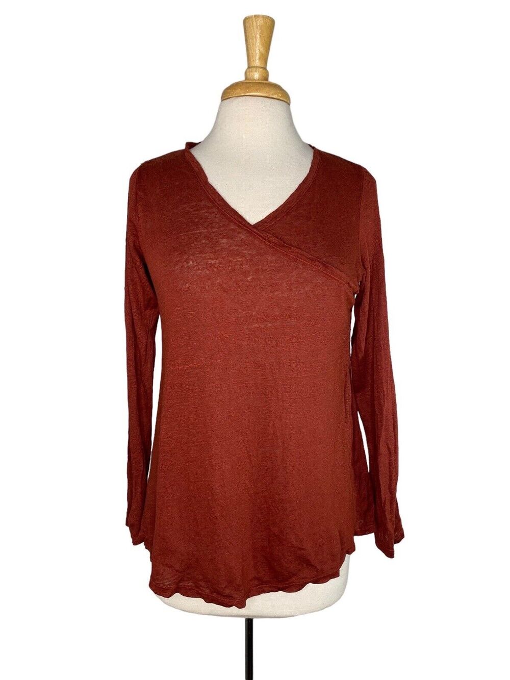 CUT LOOSE Rust Orange Ruffle Faux Wrap Long Sleeve Linen Top Size Small #4037887